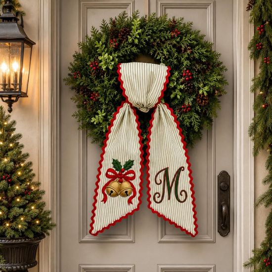 Picture of Personalized Christmas Bells Wreath Bow, Embroidered Holiday Door Bow, Custom Christmas Wreath Sash, Farmhouse Front Door Decor, Xmas Bow
