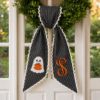 Picture of Personalized Halloween Wreath Sash, Ghost Pumpkin Wreath Bow, Custom Door Hanger, Black Stripe Front Door Decor, Farmhouse Fall Decor
