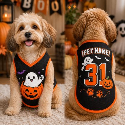 Picture of Personalized Halloween Dog Jersey, Custom Ghost Pumpkin Dog Shirt, Custom Pet Halloween Jersey, Custom Pet Jersey, Halloween Dog Gift