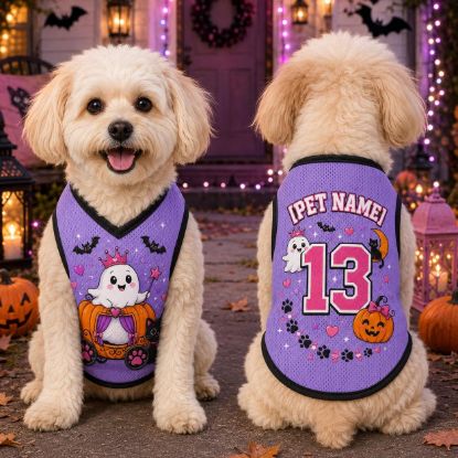 Picture of Personalized Halloween Dog Jersey, Cute Ghost Pet Jersey, Custom Pet Halloween Shirt, Custom Name & Number Dog Jersey, Halloween Pet Gift