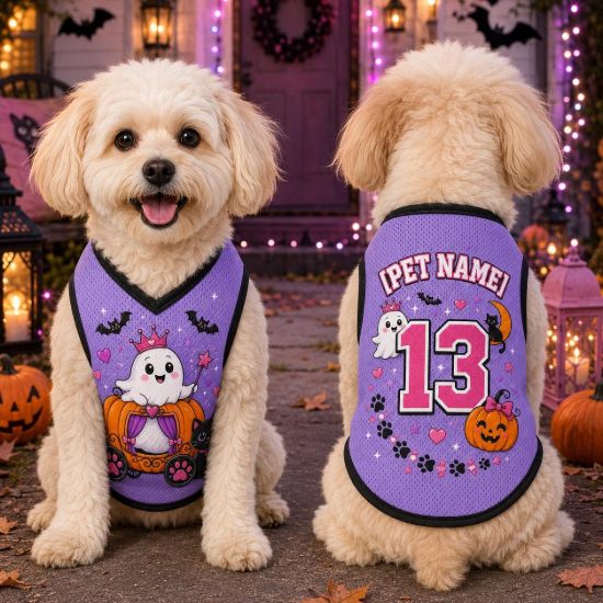 Picture of Personalized Halloween Dog Jersey, Cute Ghost Pet Jersey, Custom Pet Halloween Shirt, Custom Name & Number Dog Jersey, Halloween Pet Gift
