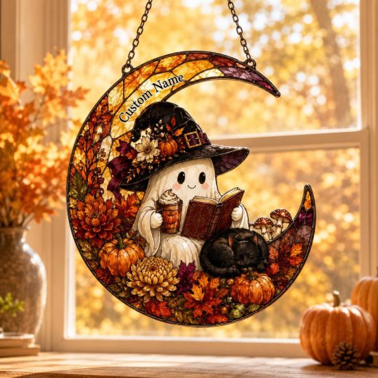 Picture of Personalized Halloween Ghost Moon Suncatcher, Custom Acrylic Hanging, Witch Ghost Fall Decor, Black Cat Pumpkin Ornament, Autumn SunCatcher