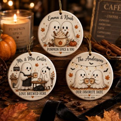 Picture of Personalized Ghost Coffee Halloween Ornament, Custom Ceramic Couple Ornament, Pumpkin Spice Lovers Gift, Fall Coffee Keepsake Decor Ornament