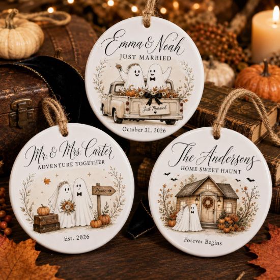 Picture of Personalized Ghost Wedding Halloween Ornament, Custom Ceramic Newlywed Ornament, Just Married Gift, First Halloween Married Keepsake