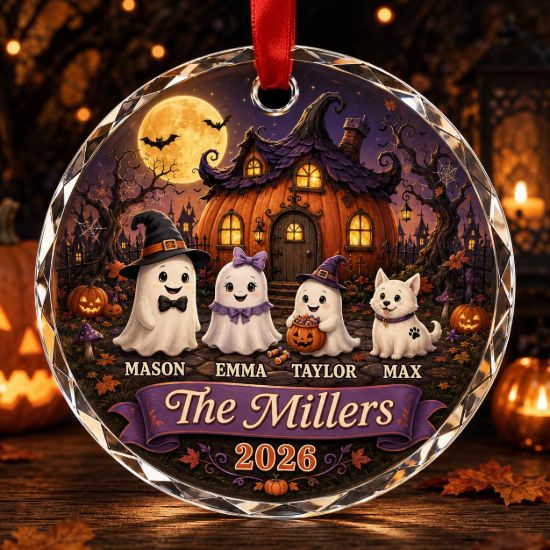 Picture of Personalized Halloween Family Glass Ornament, Custom Ghost Pumpkin House Crystal Ornament, Family Name Halloween Keepsake Gift 2026 Ornament