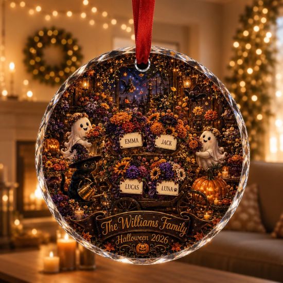 Picture of Personalized Halloween Flower Shop Glass Ornament, Custom Ghost Family Ornament, Black Cat Keepsake, Halloween Tree Decor Gift Florist