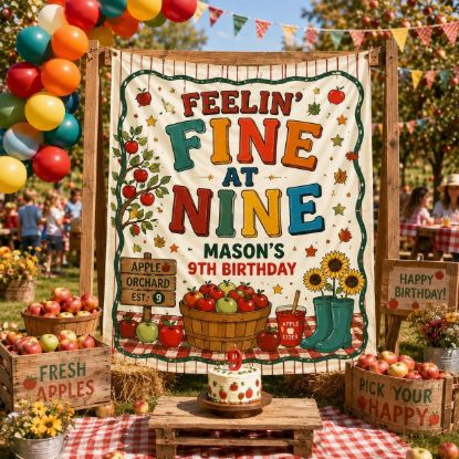 Picture of Feelin’ Fine at Nine Birthday Backdrop, Personalized 9th Birthday Banner, Apple Orchard Party Tapestry, Custom Name Fall Birthday Decor