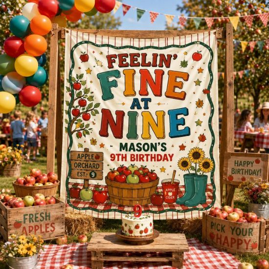Picture of Feelin’ Fine at Nine Birthday Backdrop, Personalized 9th Birthday Banner, Apple Orchard Party Tapestry, Custom Name Fall Birthday Decor