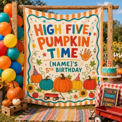 Picture of High Five Pumpkin Time 5th Birthday Backdrop, Personalized Pumpkin Birthday Banner, Custom Name Fall Party Tapestry, Kids Autumn Decor