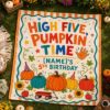 Picture of High Five Pumpkin Time 5th Birthday Backdrop, Personalized Pumpkin Birthday Banner, Custom Name Fall Party Tapestry, Kids Autumn Decor