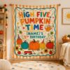 Picture of High Five Pumpkin Time 5th Birthday Backdrop, Personalized Pumpkin Birthday Banner, Custom Name Fall Party Tapestry, Kids Autumn Decor