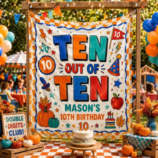 Picture of Ten Out of Ten 10th Birthday Backdrop, Personalized Boy Birthday Banner, Custom Name Double Digits Party Tapestry, Fall Birthday Decor