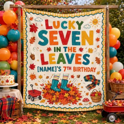 Picture of Lucky Seven 7th Birthday Backdrop, Personalized Fall Birthday Banner, Custom Name Autumn Party Tapestry, Kids Photo Booth Decor Birthday