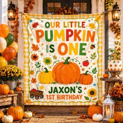 Picture of Our Little Pumpkin Halloween Birthday Backdrop, Personalized Birthday Banner, Custom Name Pumpkin Patch Party Tapestry, Fall Birthday Decor