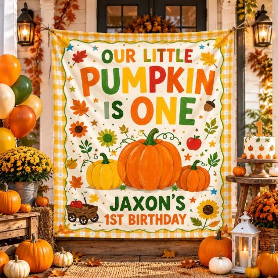 Picture of Our Little Pumpkin Halloween Birthday Backdrop, Personalized Birthday Banner, Custom Name Pumpkin Patch Party Tapestry, Fall Birthday Decor