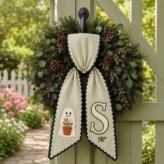 Picture of Personalized Ghost Garden Wreath Sash, Custom Halloween Door Bow, Embroidered Wreath Bow, Fall Porch Decor, Spooky Ghost Decor Halloween