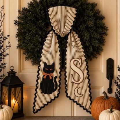 Picture of Personalized Black Cat Wreath Sash, Custom Halloween Door Bow, Embroidered Monogram Wreath Bow, Farmhouse Fall Front Door Decor Halloween