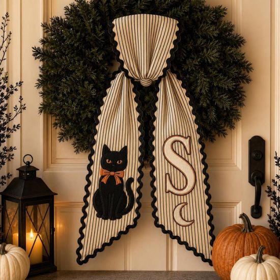 Picture of Personalized Black Cat Wreath Sash, Custom Halloween Door Bow, Embroidered Monogram Wreath Bow, Farmhouse Fall Front Door Decor Halloween