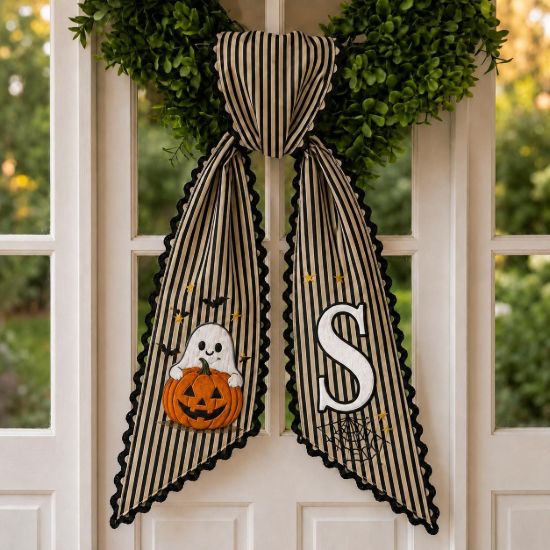 Picture of Personalized Ghost Wreath Sash, Custom Halloween Door Bow, Embroidered Monogram Wreath Bow, Farmhouse Spooky Front Door Decor Halloween