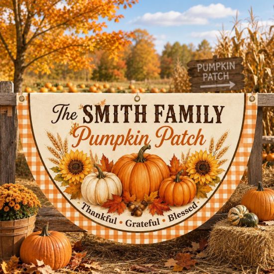 Picture of Personalized Pumpkin Patch Fence Flag, Custom Family Fall Fence Banner, Thanksgiving Farm Fence Decor, Harvest Pumpkin Outdoor Decor Autumn