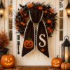 Picture of Personalized Halloween Wreath Sash, Custom Jack O Lantern Door Bow, Embroidered Monogram Wreath Bow, Spooky Farmhouse Front Door Decor