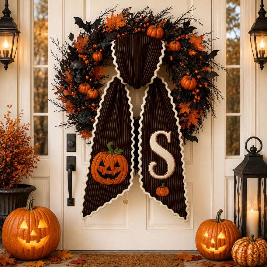 Picture of Personalized Halloween Wreath Sash, Custom Jack O Lantern Door Bow, Embroidered Monogram Wreath Bow, Spooky Farmhouse Front Door Decor
