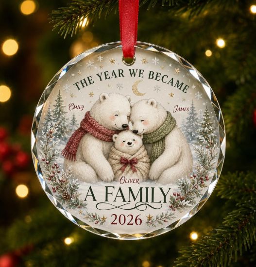 Picture of The Year We Became A Family Ornament 2026, Personalized Glass Christmas Ornament, Custom Family Bear Ornament, New Family Christmas Gift