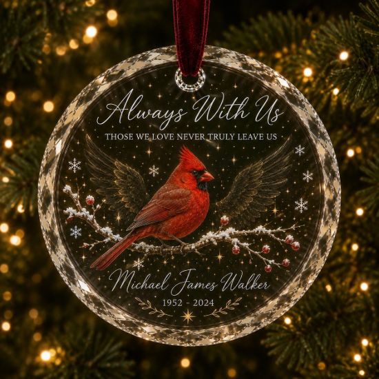 Picture of Personalized Cardinal Memorial Ornament, Custom Name and Dates Crystal Glass Keepsake, Sympathy Gift, Loss of Loved One Christmas Decor 2026