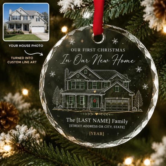 Picture of Personalized New Home Glass 2026 Ornament, First Christmas New Home Ornament,Custom House Portrait Ornament, Housewarming Gift New Homeowner