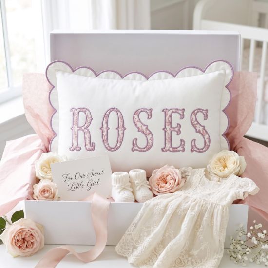 Picture of Personalized Pink Toile Scene Name Pillow, Embroidered Appliqué Scalloped Cushion, Nursery Decor, Baby Shower Gift
