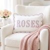 Picture of Personalized Pink Toile Scene Name Pillow, Embroidered Appliqué Scalloped Cushion, Nursery Decor, Baby Shower Gift
