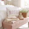 Picture of Personalized Pink Toile Scene Name Pillow, Embroidered Appliqué Scalloped Cushion, Nursery Decor, Baby Shower Gift