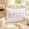 Picture of Personalized Pink Toile Scene Name Pillow, Embroidered Appliqué Scalloped Cushion, Nursery Decor, Baby Shower Gift