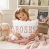 Picture of Personalized Pink Toile Scene Name Pillow, Embroidered Appliqué Scalloped Cushion, Nursery Decor, Baby Shower Gift