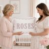 Picture of Personalized Pink Toile Scene Name Pillow, Embroidered Appliqué Scalloped Cushion, Nursery Decor, Baby Shower Gift