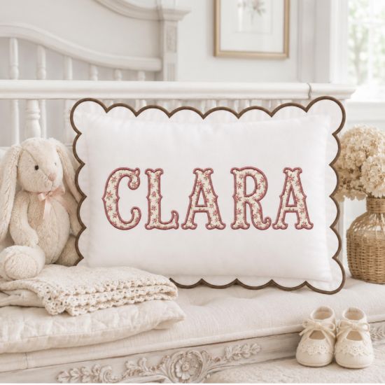 Picture of Personalized Rose Buds Applique Name Pillow, Custom Embroidered Scalloped Nursery Cushion, Grandmillennial Decor, Baby Shower Gift
