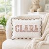 Picture of Personalized Rose Buds Applique Name Pillow, Custom Embroidered Scalloped Nursery Cushion, Grandmillennial Decor, Baby Shower Gift