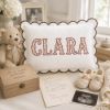 Picture of Personalized Rose Buds Applique Name Pillow, Custom Embroidered Scalloped Nursery Cushion, Grandmillennial Decor, Baby Shower Gift