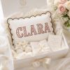 Picture of Personalized Rose Buds Applique Name Pillow, Custom Embroidered Scalloped Nursery Cushion, Grandmillennial Decor, Baby Shower Gift