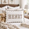 Picture of Personalized Embroidered Name Scalloped Pillow, Chocolate Trim Nursery Cushion, Custom Kids Bedroom Decor, Dorm Room Gift, Heirloom Keepsake