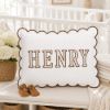 Picture of Personalized Embroidered Name Scalloped Pillow, Chocolate Trim Nursery Cushion, Custom Kids Bedroom Decor, Dorm Room Gift, Heirloom Keepsake