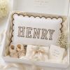Picture of Personalized Embroidered Name Scalloped Pillow, Chocolate Trim Nursery Cushion, Custom Kids Bedroom Decor, Dorm Room Gift, Heirloom Keepsake