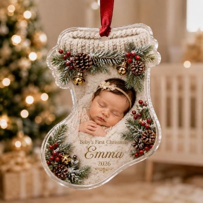 Picture of Personalized Baby’s First Christmas Ornament, Custom Baby Photo Stocking Ornament, Newborn Acrylic Keepsake Gift, Baby Christmas Decor