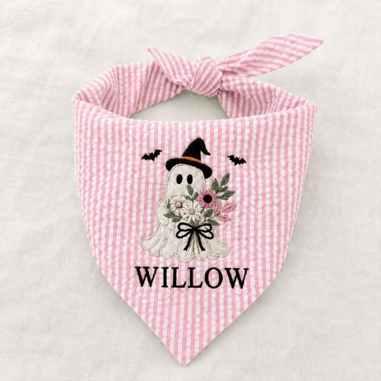 Picture of Personalized Halloween Dog Bandana, Embroidered Witch Ghost Pet Scarf, Custom Pet Name Bandana, Floral Fall Puppy Gift, Spooky Dog Accessory