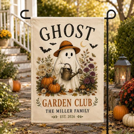 Picture of Personalized Ghost Garden Flag, Halloween Garden Club Flag, Custom Family Name Yard Flag, Cute Fall Ghost Outdoor Decor, Pumpkin Garden Gift