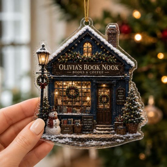 Picture of Personalized Bookstore Christmas Ornament, Custom Book Nook Ornament, Books & Coffee Holiday Ornament, Book Lover Christmas Keepsake