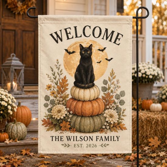 Picture of Personalized Black Cat Halloween Garden Flag, Custom Family Name Fall Garden Flag, Autumn Pumpkin Cat Yard Flag, Welcome Porch Outdoor Decor