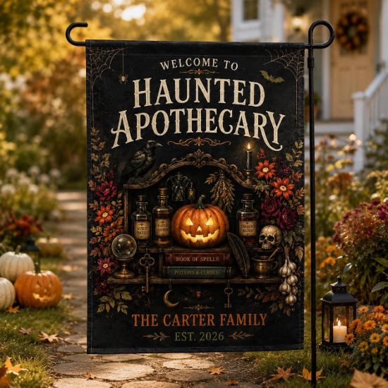 Picture of Personalized Haunted Apothecary Garden Flag, Custom Family Name Halloween Flag, Witch Potion Yard Decor, Gothic Spooky Pumpkin Porch Flag