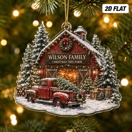 Picture of Personalized Christmas Tree Farm Acrylic Ornament, Custom Family Name Ornament, Red Truck Christmas Decor, Tree Farm Holiday Keepsake Gift