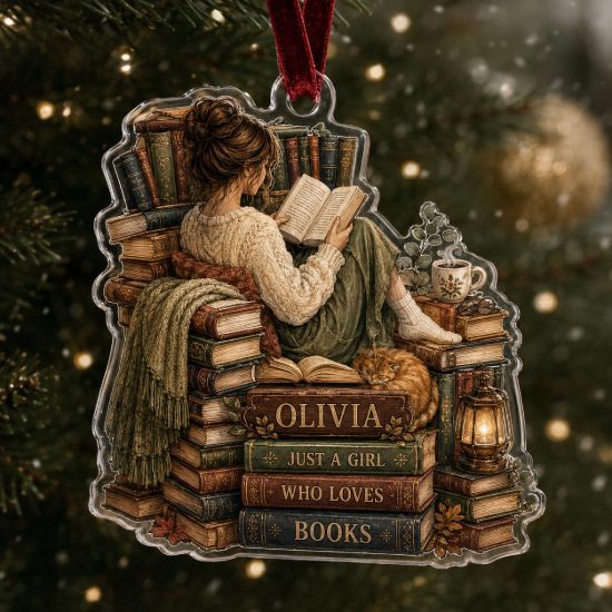 Picture of Personalized Book Lover Acrylic Ornament, Custom Reader Christmas Ornament, Librarian Christmas Bookworm Gift, Cozy Reading Ornament
